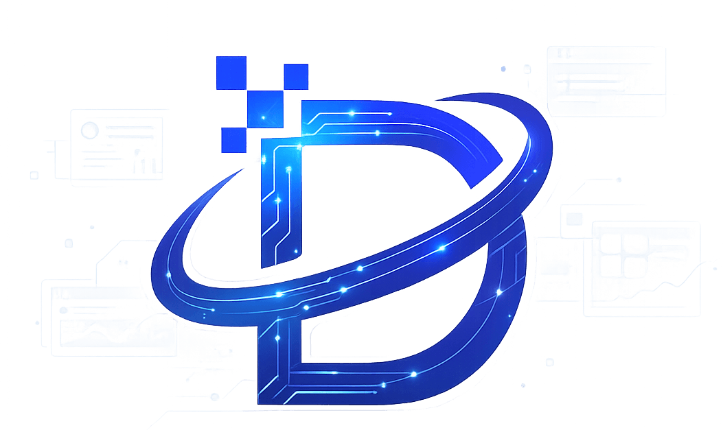 Futuristic Detroniks software ecosystem with websites, mobile apps, dashboards, APIs, and AI automation